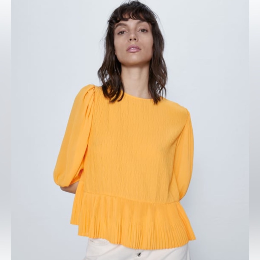 NWT Zara Spring Orange Yellow Flowy Pleated Blouse Top 3/4 Puff Sleeve Small